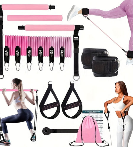 Pilates Bar Set, Multi-Functional Fitness Stepper and Stretching Trainer, Yoga and Home Workout Equipment, 14 pcs with 6 Resistance Bands (180 lbs)