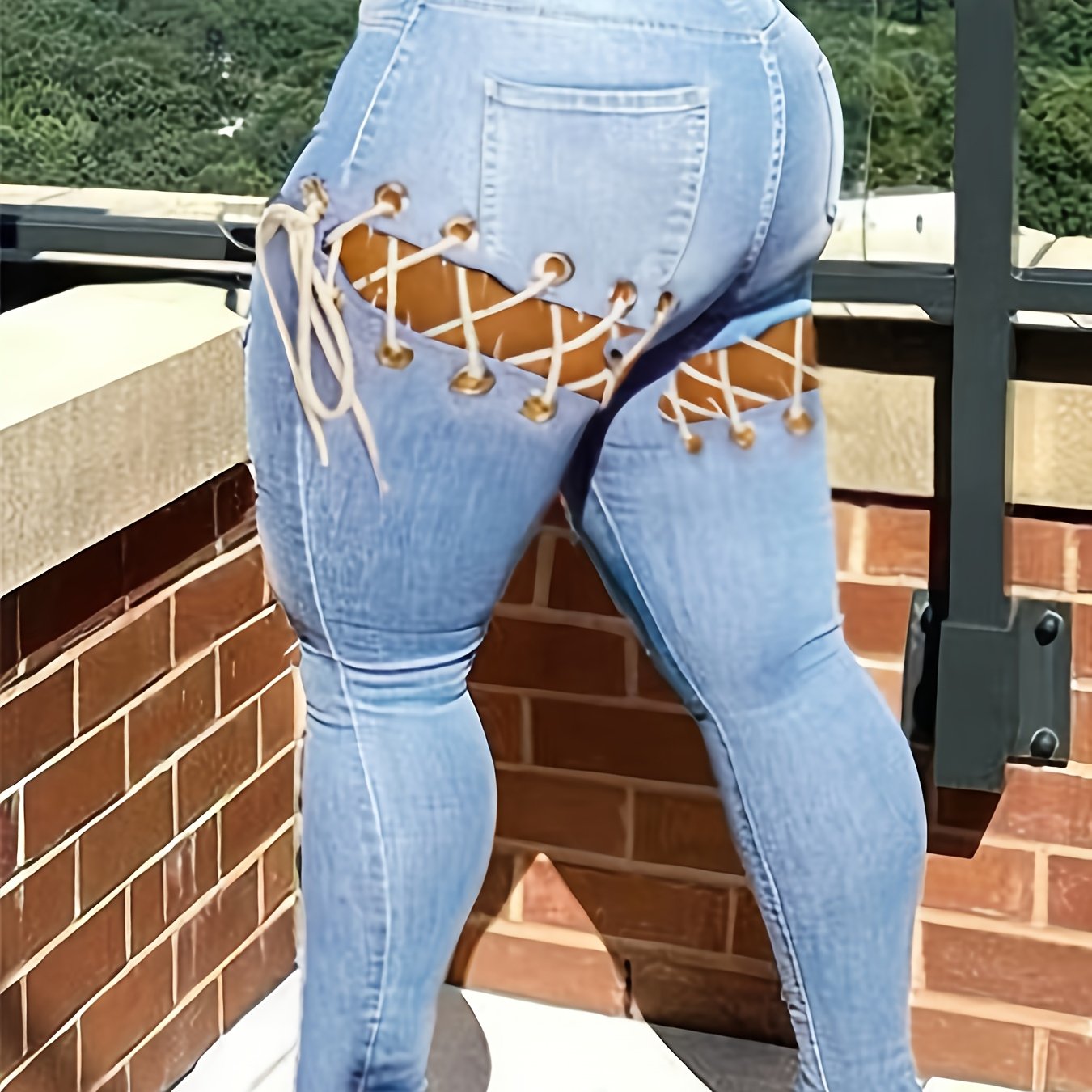 Women Plus Size Mid-waist Sexy Skinny Jeans With Sexy Cross Straps High Elasticity, Comfortable And Soft Denim Fabric