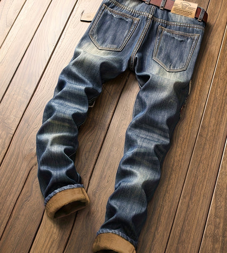 Men's -Lined Windproof Distressed Jeans - Heavy-Duty Winter Blue Wash Straight-Leg Pants with Ripped Knee/Ankle/Butt, All-Season Casual Streetwear (Machine Washable) for Cold Weather & Layered Outfits