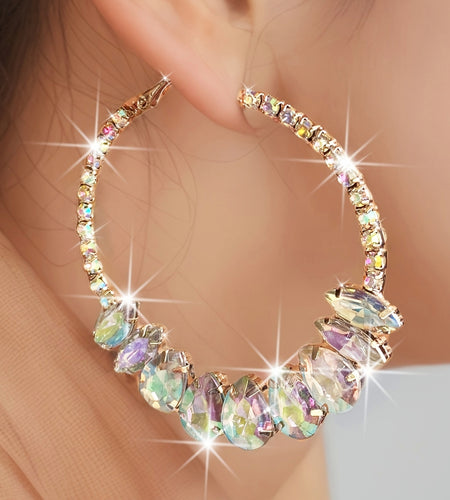 Hoop Pear Shaped Bedazzle Earrings in Gold