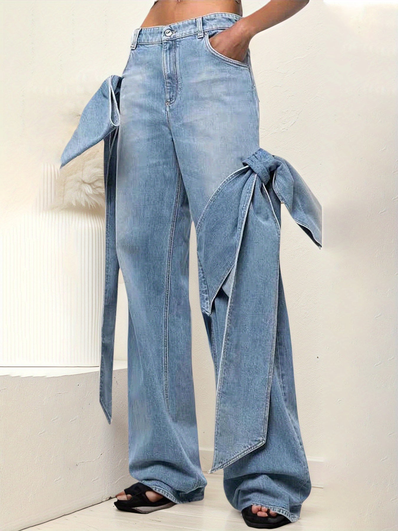 Women's High-Waisted Wide-Leg Jeans with Bow Tie Detail - Vintage Washed Denim, Y2K Streetwear Style, Machine Washable Straight-Leg Pants
