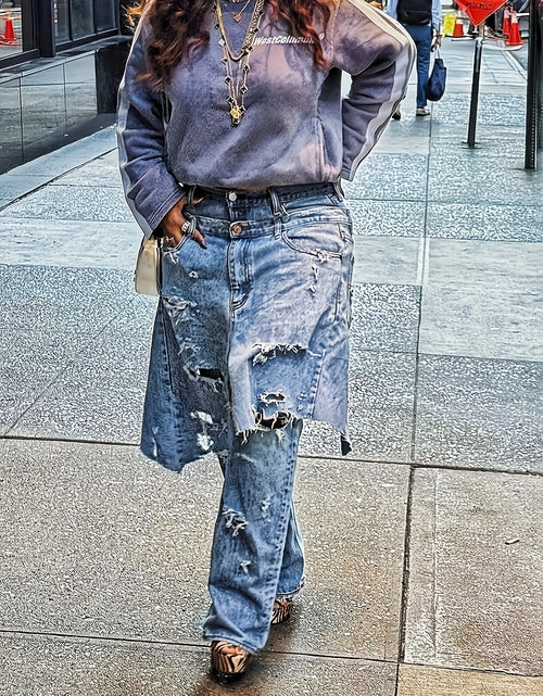 Load image into Gallery viewer, Edgy, Deconstructed Jeans  Women&#39;s 2-in-1 Low Rise Vintage Wash &amp; Asymmetric Distressed Rips - Edgy Streetwear Denim Pants
