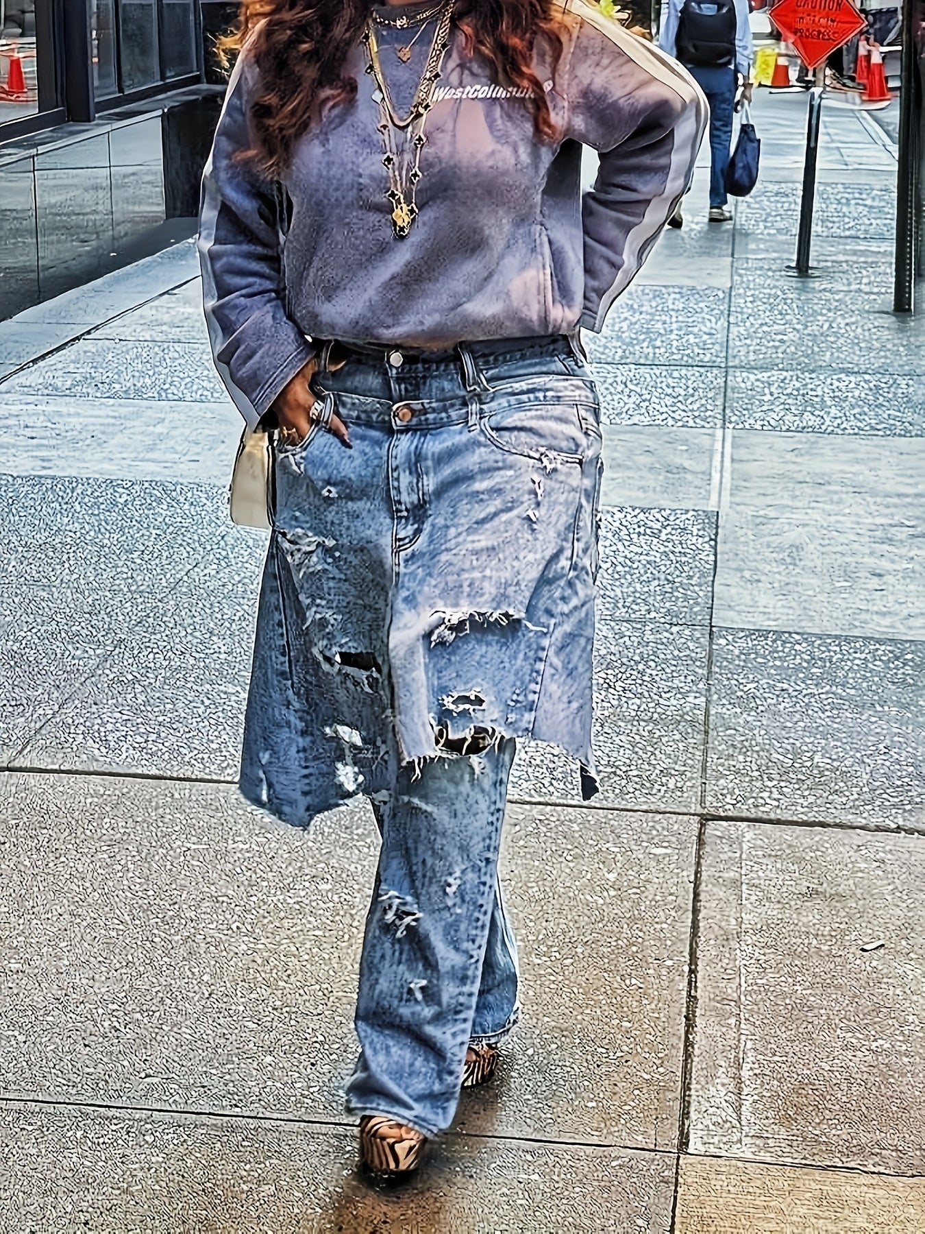 Edgy, Deconstructed Jeans  Women's 2-in-1 Low Rise Vintage Wash & Asymmetric Distressed Rips - Edgy Streetwear Denim Pants