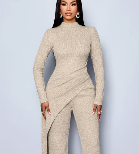 Ladies' Elegant Minimalist Asymmetrical  High-Neck Shirt Long Pants Set