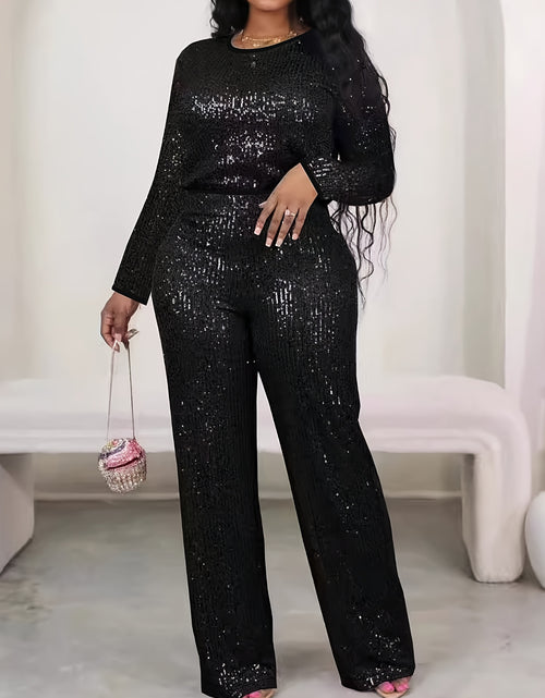 Load image into Gallery viewer, Women Casual Outfit Set, Chic Sequin Long Sleeve Top &amp; Solid Color Pants, Round Neck, Machine Washable

