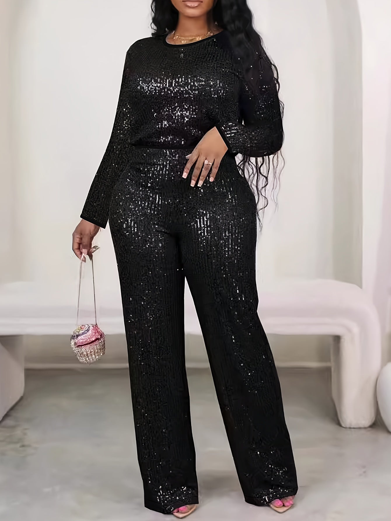 Women Casual Outfit Set, Chic Sequin Long Sleeve Top & Solid Color Pants, Round Neck, Machine Washable