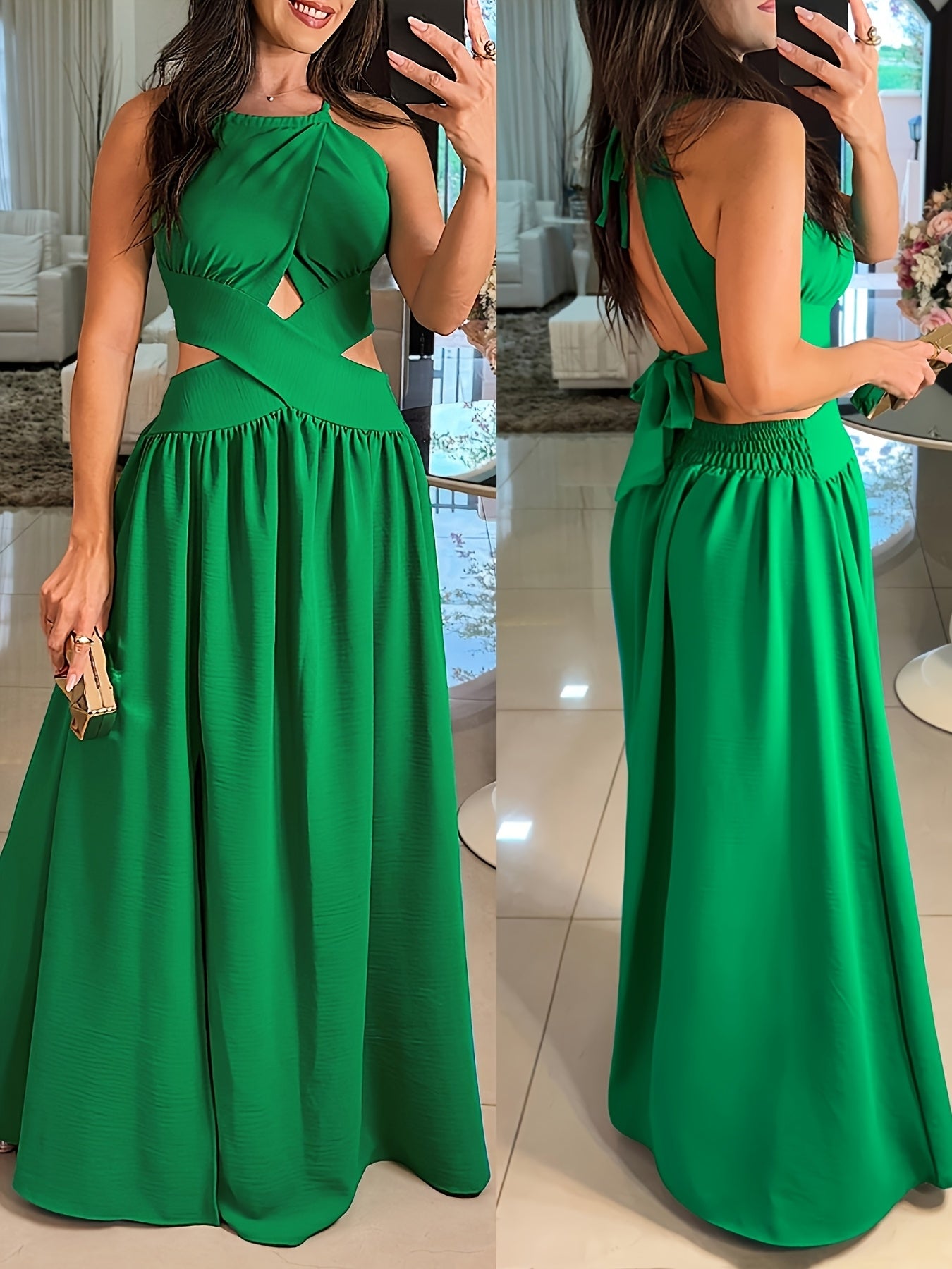 Sexy Backless Women's Evening Gown | Long Flared Skirt Formal Party Dress with Waist Cross Straps & Open Back, Round Neck Spring Summer Casual to Formal Attire