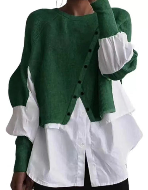 Load image into Gallery viewer, Elegant Two-Piece Sweater Shirt with Puffed Sleeves &amp; Button Front - Long Sleeve Round Neck All-Season Machine Washable Solid Color Outerwear
