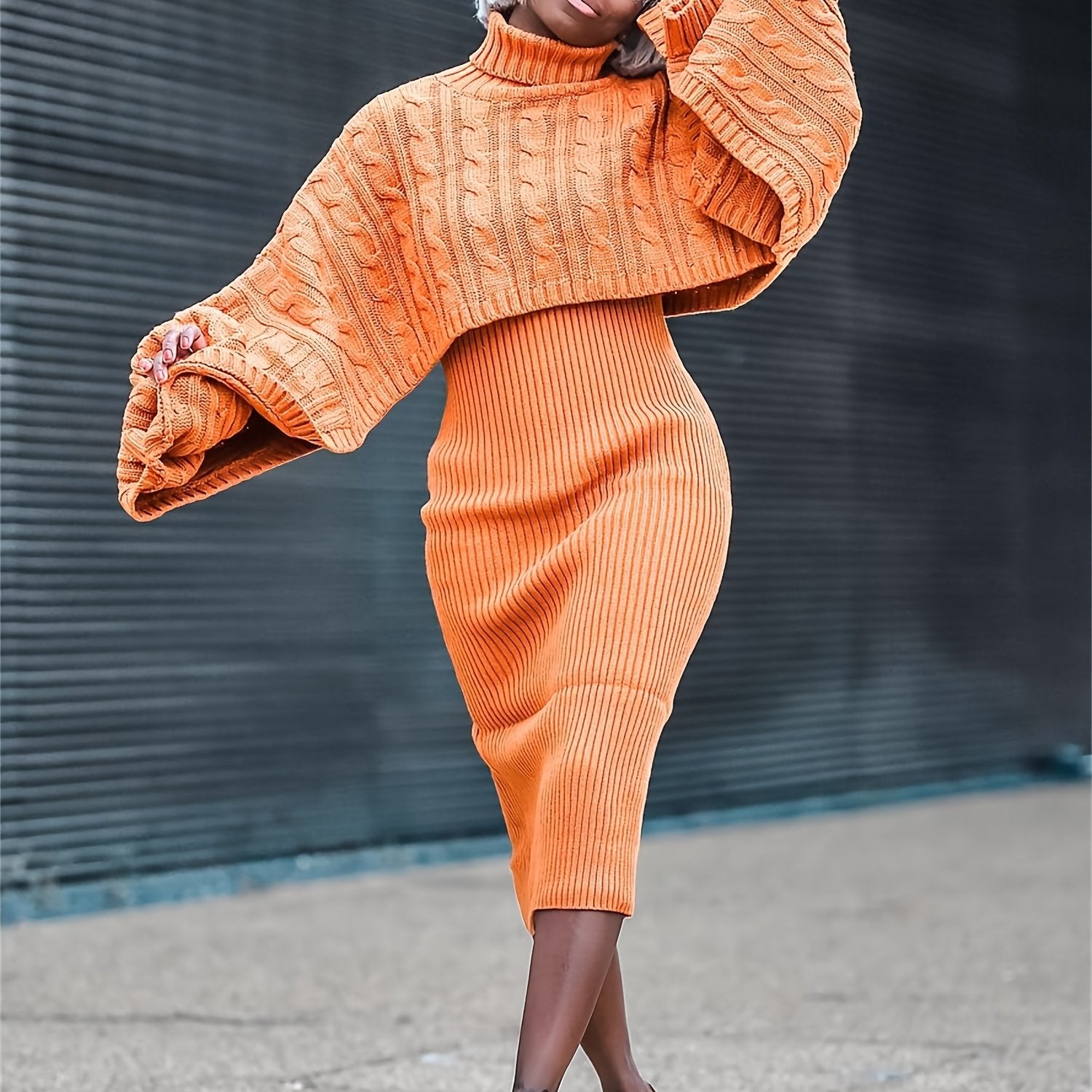 Women 2pcs High Neck Cape Sleeves Sweater Tops And Tank Dress Set - Chic And Casual Style For Fall , Winter