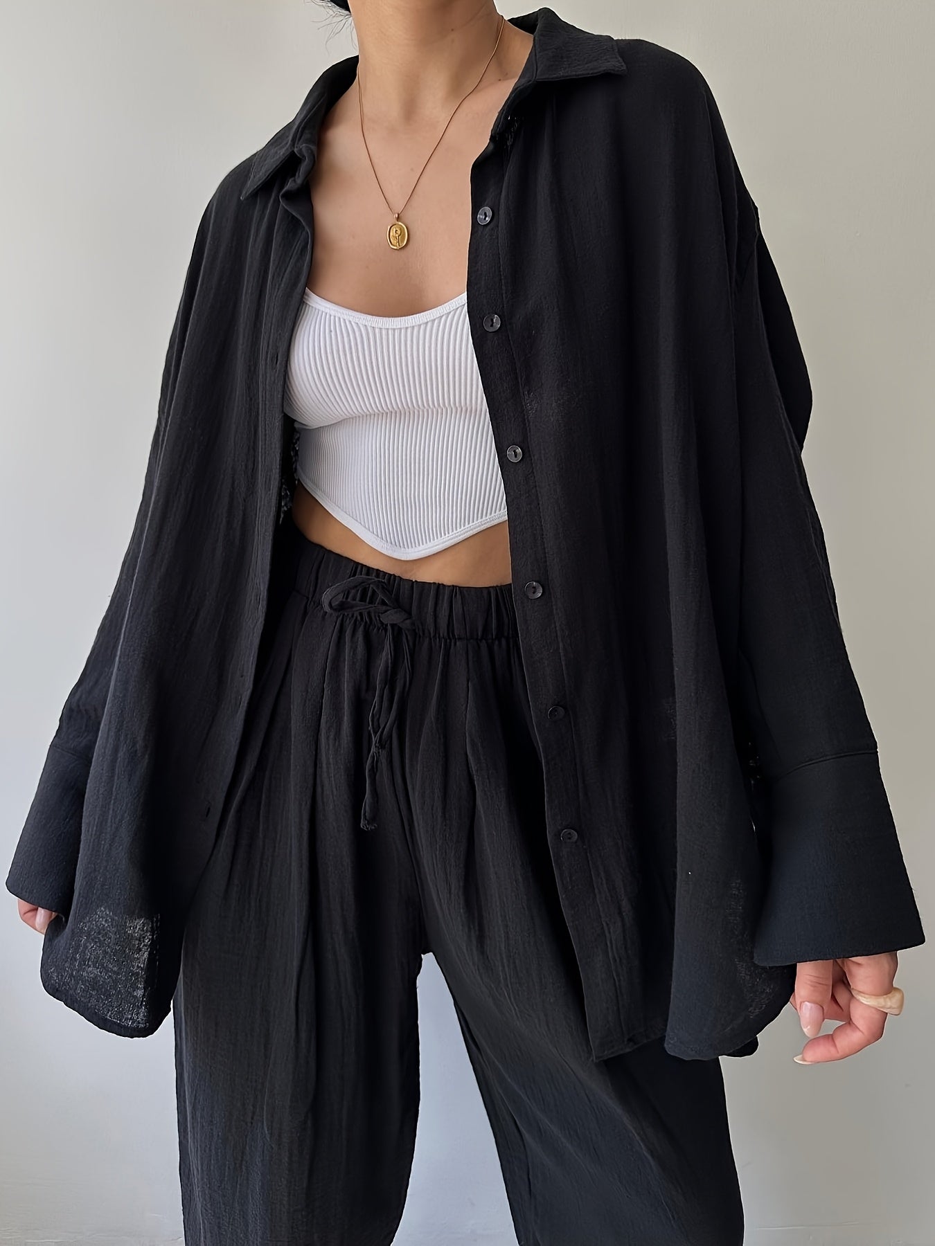 Two-piece Women's Simple Niche Lapel Long-sleeved Shirt High-Waisted Pants Fashion Suit