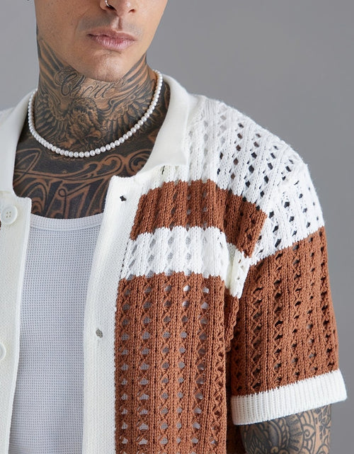 Load image into Gallery viewer, Men&#39;s Knitted Casual Suit Regular Fit Acrylic Lapel Sports Style Color Block Summer Suit Keep Short Eye Catching
