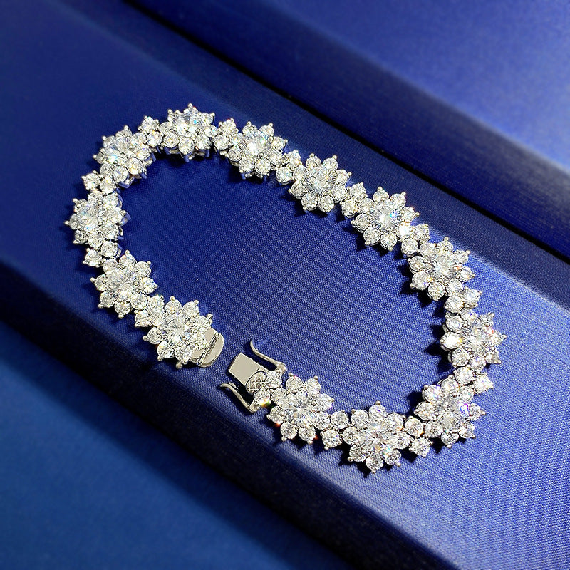 6.89inch Flower Moissanite Bangle Bracelet, 925 Sterling Silvery Wedding Bracelets for Women, 21.6cttw