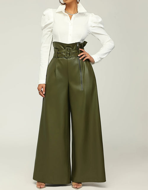 Load image into Gallery viewer, Women High-Waisted Wide Leg Pants with Metallic Belt Detail - Elegant Solid Black Trousers, All-Season Versatile Office &amp; Casual Wear, Durable PU Material,  Easy Care, High Waisted Formal Trousers, Sleek Design, Smooth Textur
