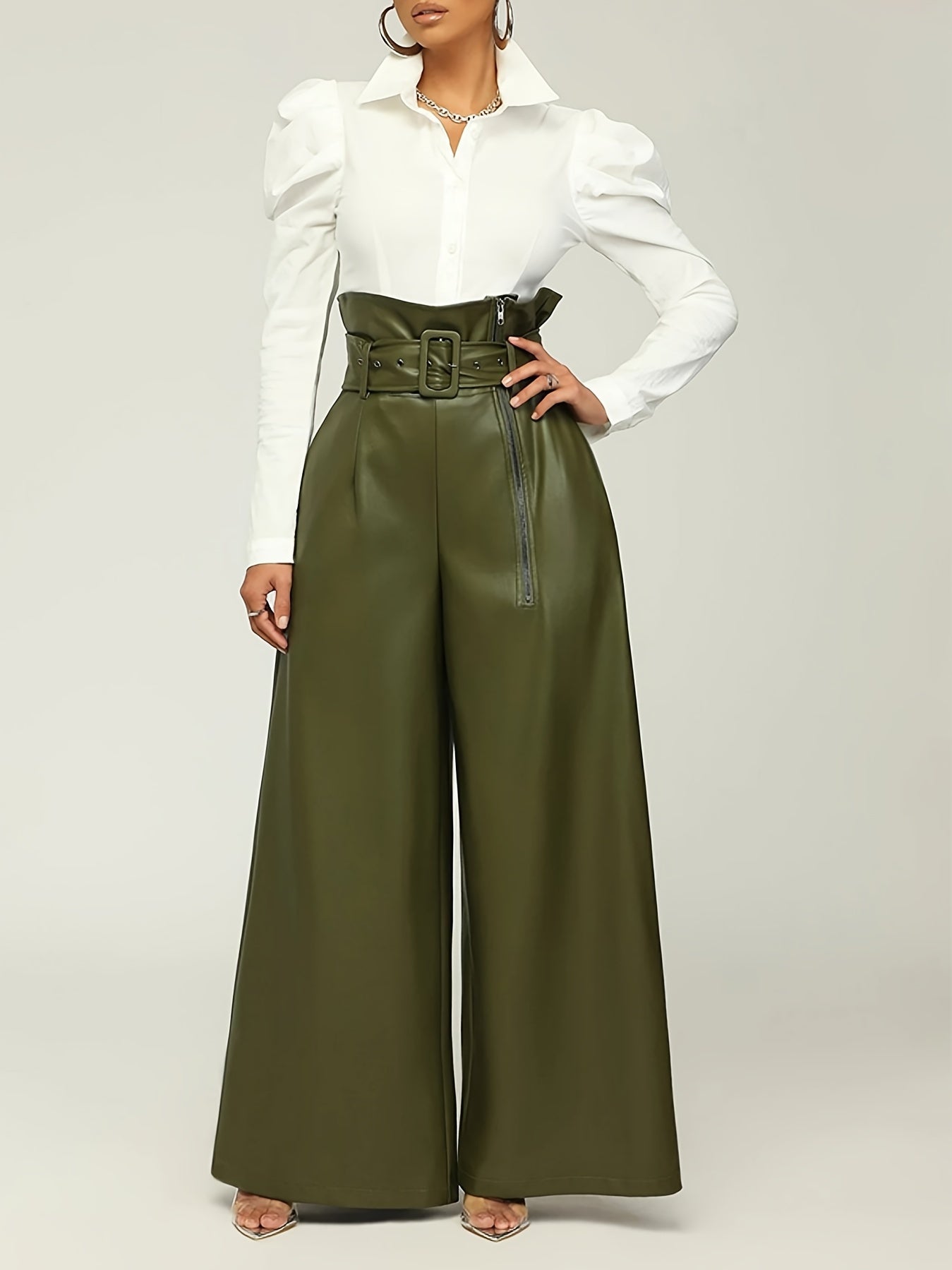Women High-Waisted Wide Leg Pants with Metallic Belt Detail - Elegant Solid Black Trousers, All-Season Versatile Office & Casual Wear, Durable PU Material,  Easy Care, High Waisted Formal Trousers, Sleek Design, Smooth Textur