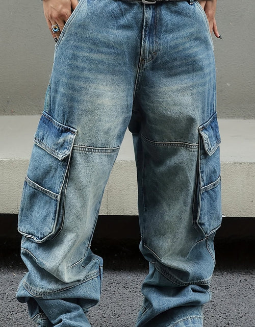 Load image into Gallery viewer, Men Vintage Washed Denim Cargo Pants - Loose Fit Wide-Leg Jeans with Multi-Pocket Storage, Distressed Details, Mid-Rise Design for Streetwear Style, Casual Outings, and All-Season Wear, Casual Attire, Flap Pockets
