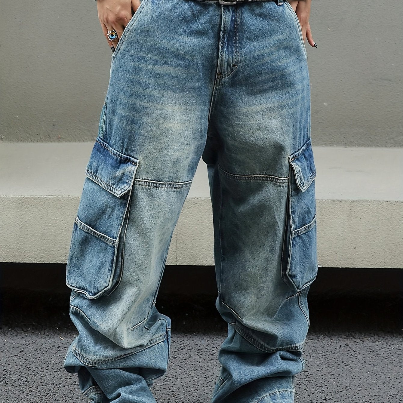 Men Vintage Washed Denim Cargo Pants - Loose Fit Wide-Leg Jeans with Multi-Pocket Storage, Distressed Details, Mid-Rise Design for Streetwear Style, Casual Outings, and All-Season Wear, Casual Attire, Flap Pockets