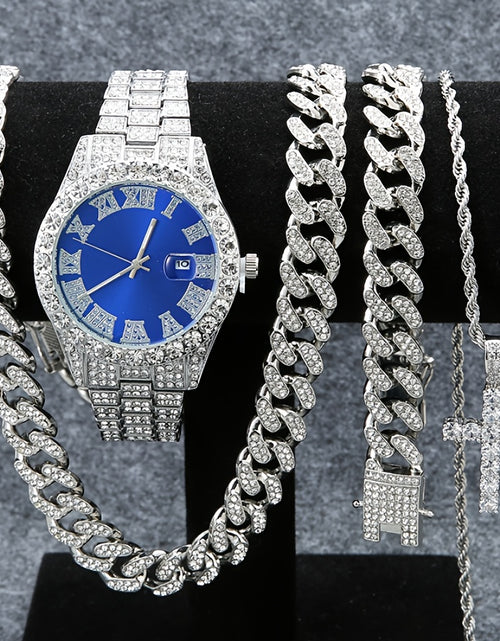 Load image into Gallery viewer, [4 Pieces Men&#39;s Watch Set] Set Of 4 Pieces, Men&#39;s Watch Set, Men&#39;s Cuban Necklace Bracelet Set, Men&#39;s And Women&#39;s Jewelry
