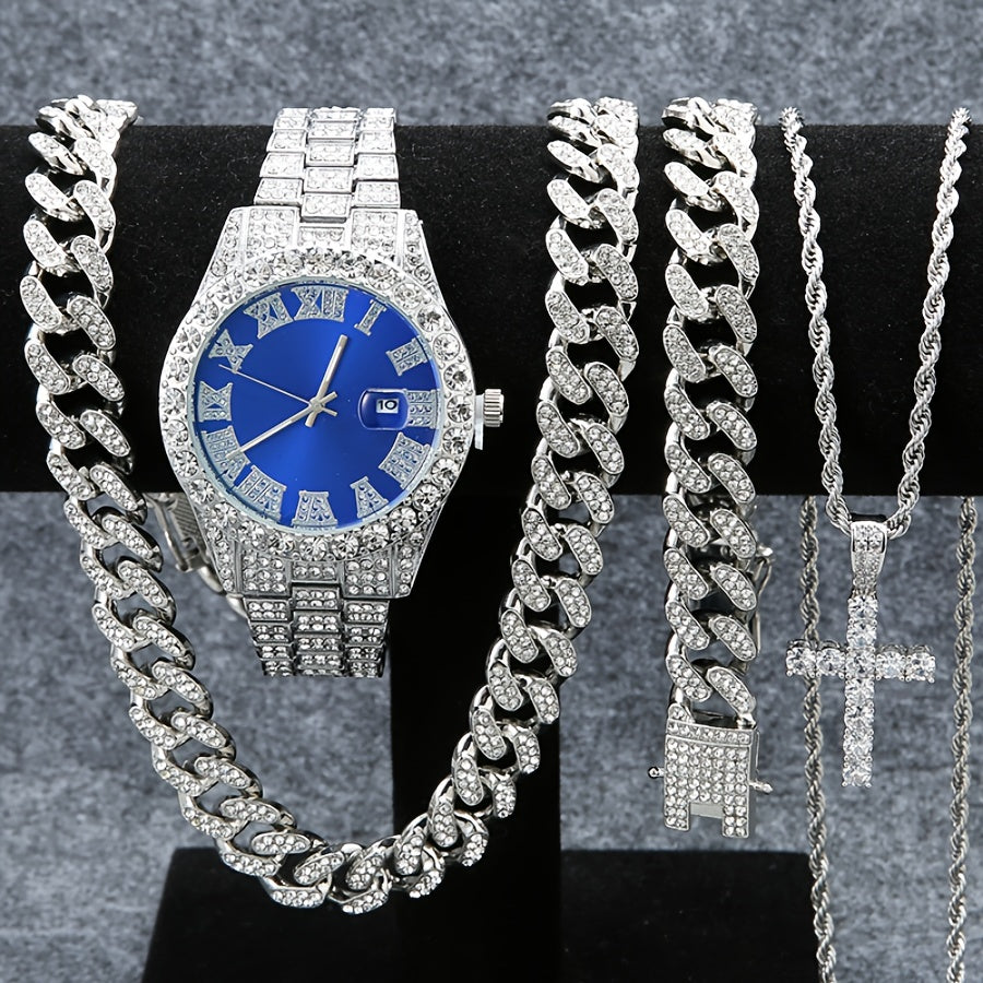 [4 Pieces Men's Watch Set] Set Of 4 Pieces, Men's Watch Set, Men's Cuban Necklace Bracelet Set, Men's And Women's Jewelry