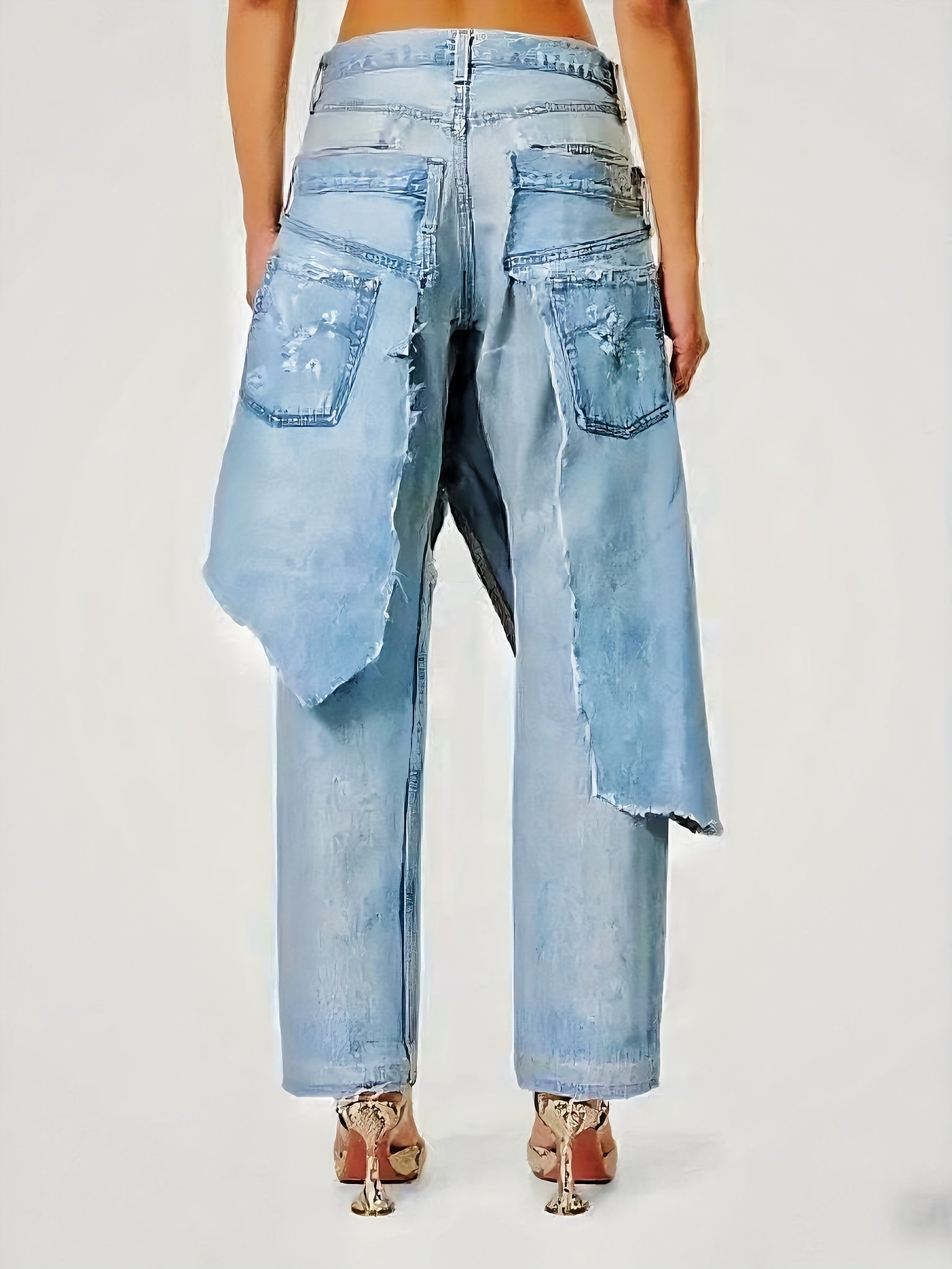 Edgy, Deconstructed Jeans  Women's 2-in-1 Low Rise Vintage Wash & Asymmetric Distressed Rips - Edgy Streetwear Denim Pants