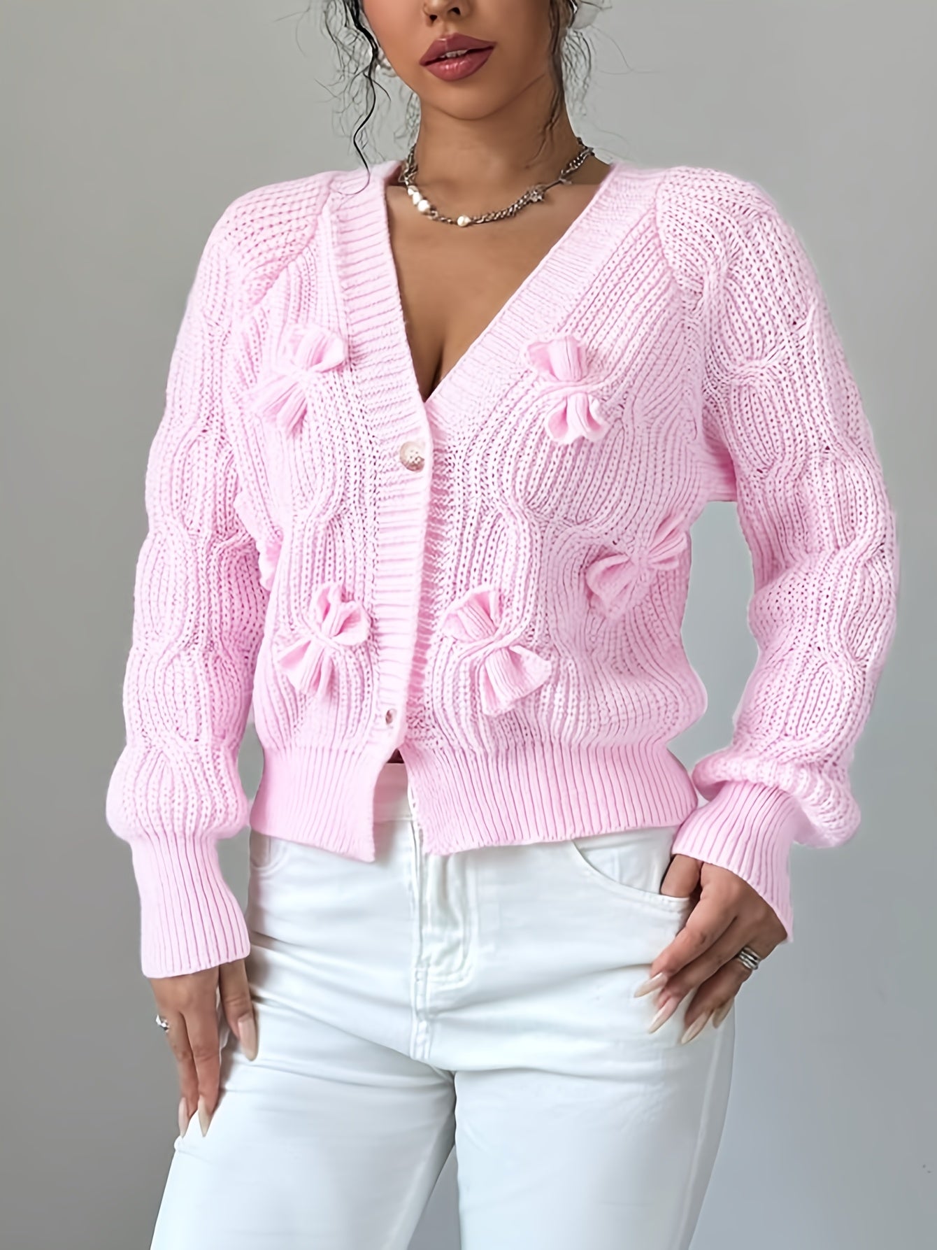 Women's Elegant Soft Pink Sweater Cardigan - Chic V-Open Front Neckline, Long Sleeve Layering Piece for Fall/Winter, Non-Transparent Sweater for Everyday & Formal Outfits, Winter Apparel, Ribbed Texture, Durable Knitwear