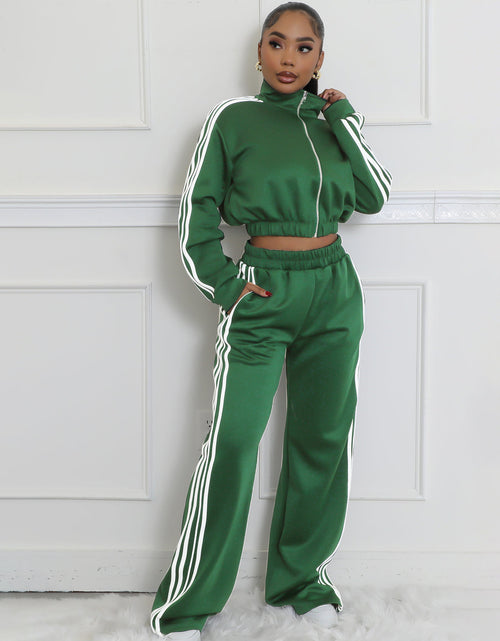 Load image into Gallery viewer, Autumn Striped Long-Sleeved Two-Piece Set - Contrasting Color Zipper Thickened Sweatshirt Casual Commuting Set, Solid Color Striped Side Trim, Elastic Short Top, Comfortable Straight-Leg Pants
