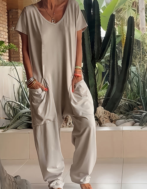 Load image into Gallery viewer, [Polyester Jumpsuit] Lightweight Polyester Women&#39;s Casual V-Neck Short Sleeve Knit Jumpsuit with Pockets - Solid Color Loose Fit One-Piece Loungewear for Spring/Summer, Relaxed Fit Clothing
