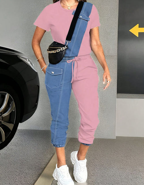 Load image into Gallery viewer, Ladies&#39; Spring/Summer Casual Color blocked Short sleeved Pants Set  Round neck Short sleeved Top and Drawstring Pants Elegant and Loose,

