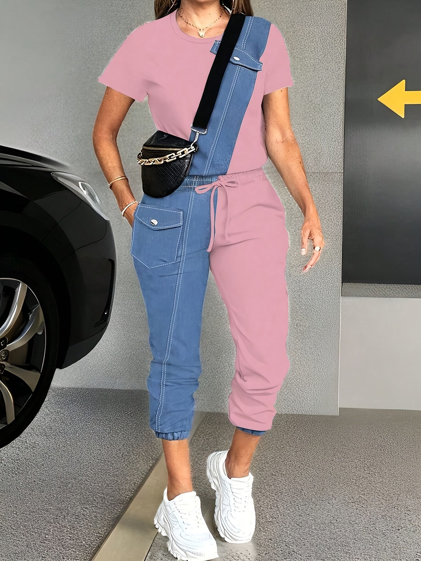 Ladies' Spring/Summer Casual Color blocked Short sleeved Pants Set  Round neck Short sleeved Top and Drawstring Pants Elegant and Loose,