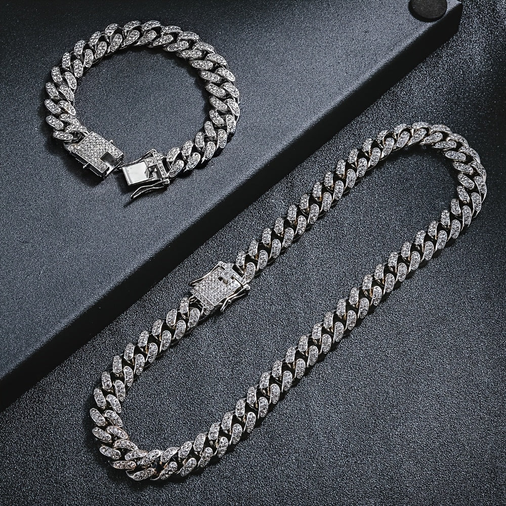 2pcs Set Necklace & Bracelet Hip Hop Style Unisex Jewelry Suit Cuban Link Chain Design Band Shiny Unisex Jewelry
