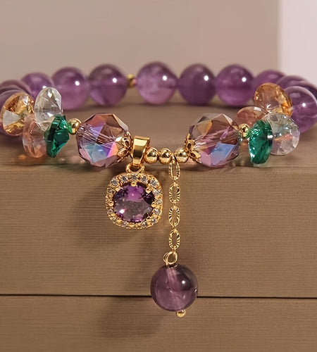 Classic Amethyst Bead Bracelet Featuring Cubic Zirconia, Non-Coated Fashion Jewelry for Women