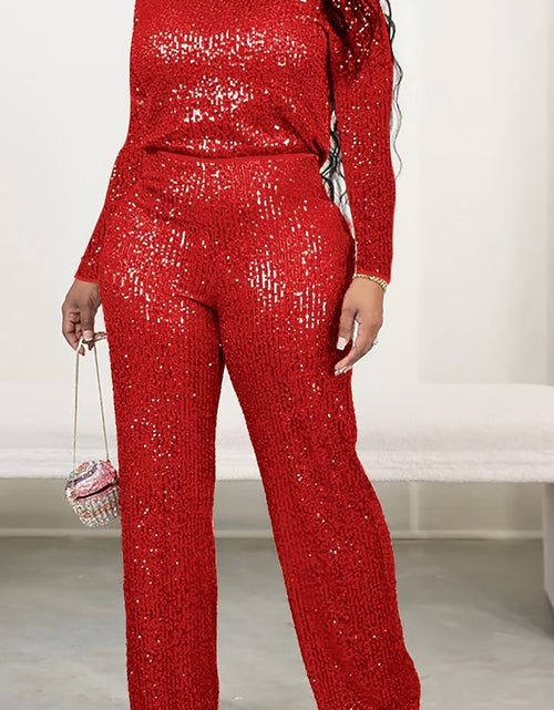 Load image into Gallery viewer, Women Casual Outfit Set, Chic Sequin Long Sleeve Top &amp; Solid Color Pants, Round Neck, Machine Washable
