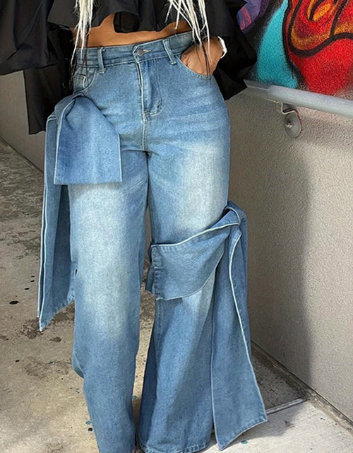 Load image into Gallery viewer, Women&#39;s High-Waisted Wide-Leg Jeans with Bow Tie Detail - Vintage Washed Denim, Y2K Streetwear Style, Machine Washable Straight-Leg Pants
