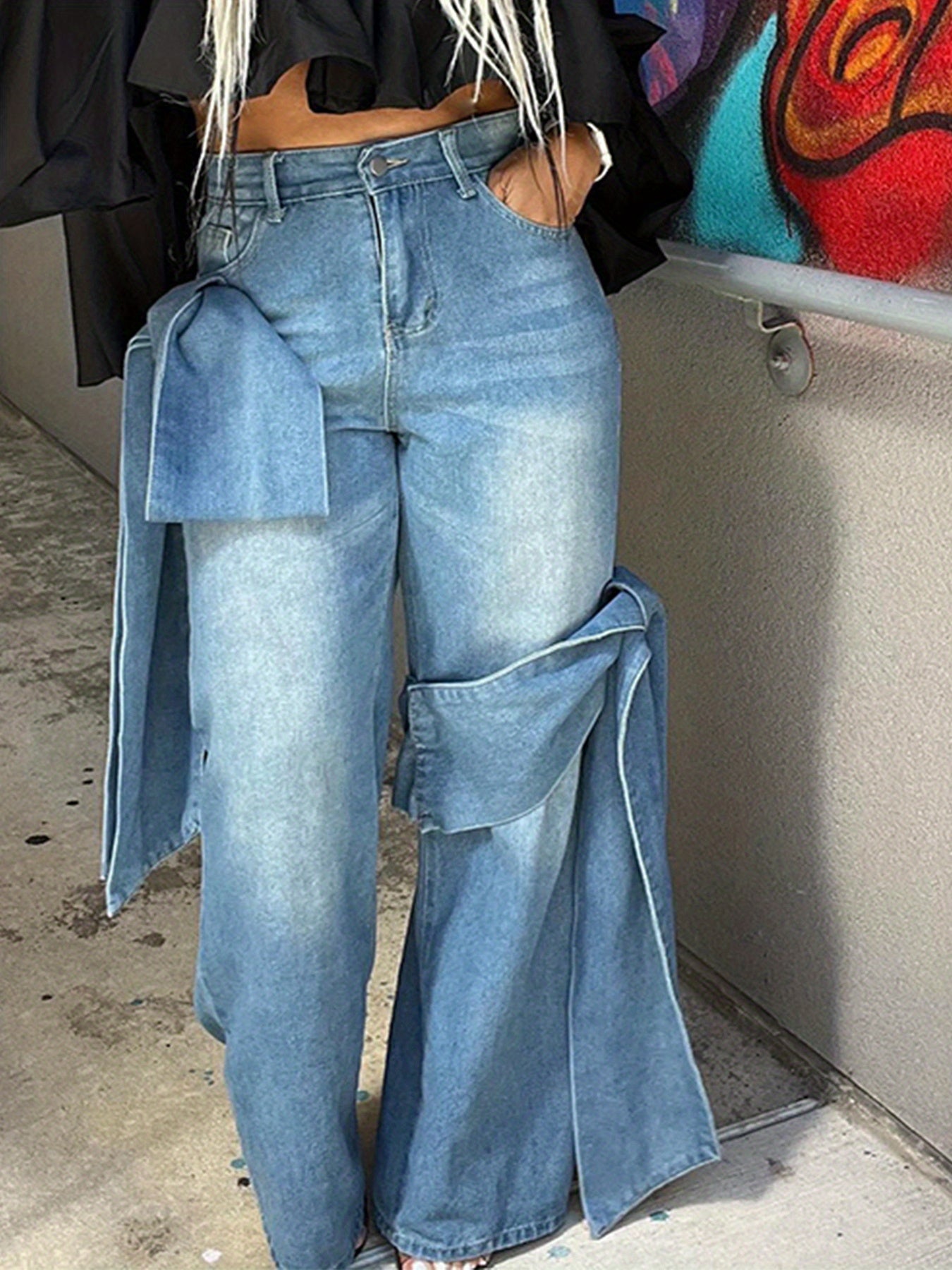 Women's High-Waisted Wide-Leg Jeans with Bow Tie Detail - Vintage Washed Denim, Y2K Streetwear Style, Machine Washable Straight-Leg Pants