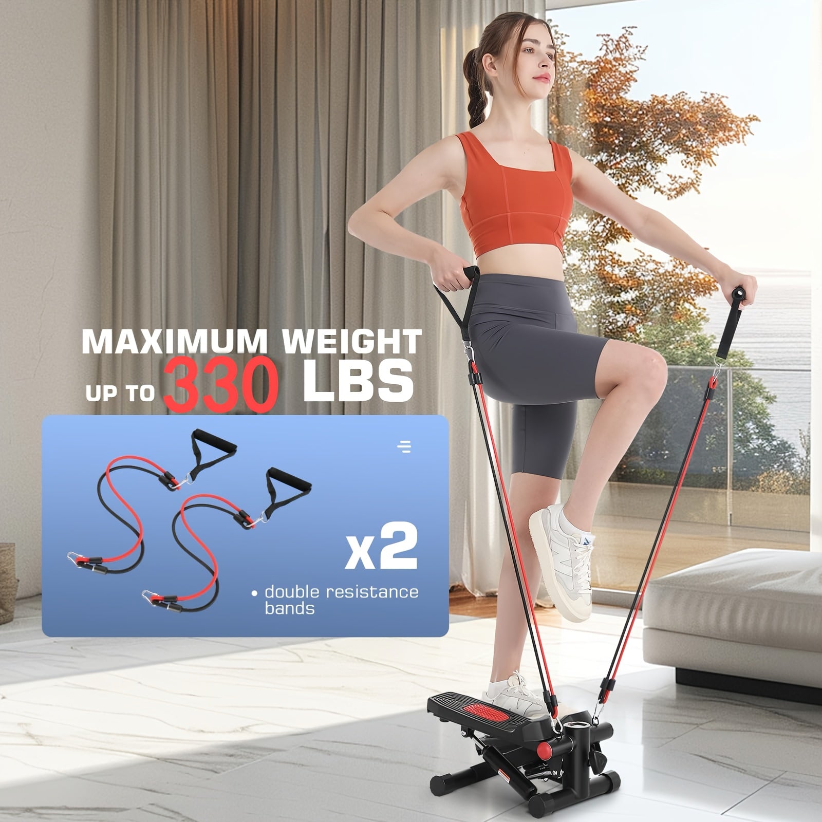 Lightweight Fitness Stepper With 2pcs Resistance Bands, Pedal Exerciser With LCD Monitor, Max Weight 250LBs