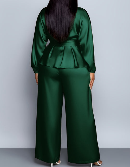 Load image into Gallery viewer, Plus Size, Plus - Size Women&#39;s Satin V - Neck Top &amp; Wide - Leg Pants Two - Piece Set |The waist design adds layers Very Fashionable
