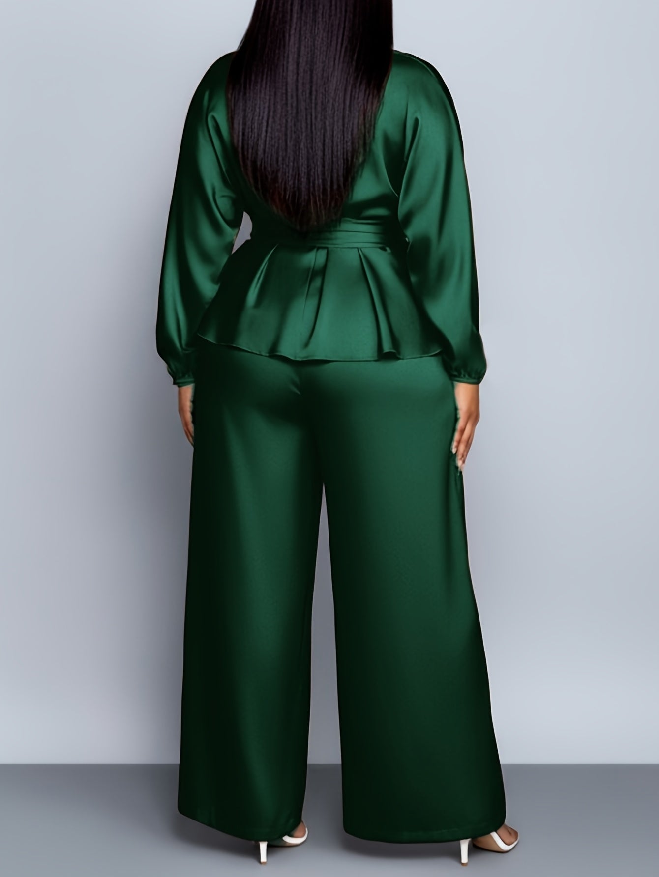 Plus Size, Plus - Size Women's Satin V - Neck Top & Wide - Leg Pants Two - Piece Set |The waist design adds layers Very Fashionable