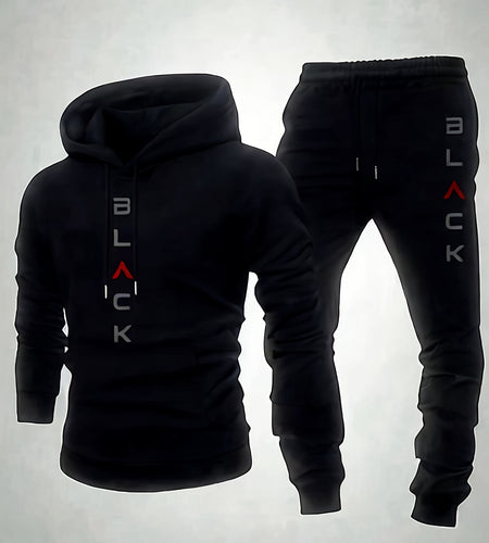 Black Retro Letter Printed Men's Two-piece Casual Round Neck Long Sleeved Hooded Sweatshirt And Sweatpants Set Suitable for Autumn And Winter Sportswear Set|Men's Sports Suit