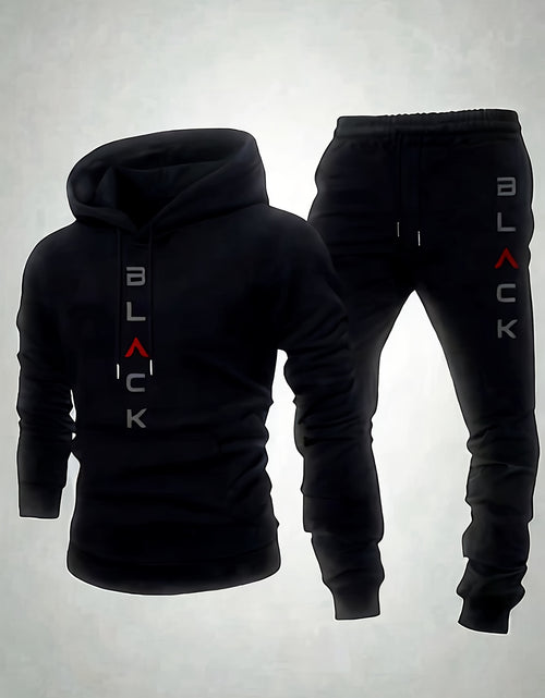 Load image into Gallery viewer, Black Retro Letter Printed Men&#39;s Two-piece Casual Round Neck Long Sleeved Hooded Sweatshirt And Sweatpants Set Suitable for Autumn And Winter Sportswear Set|Men&#39;s Sports Suit

