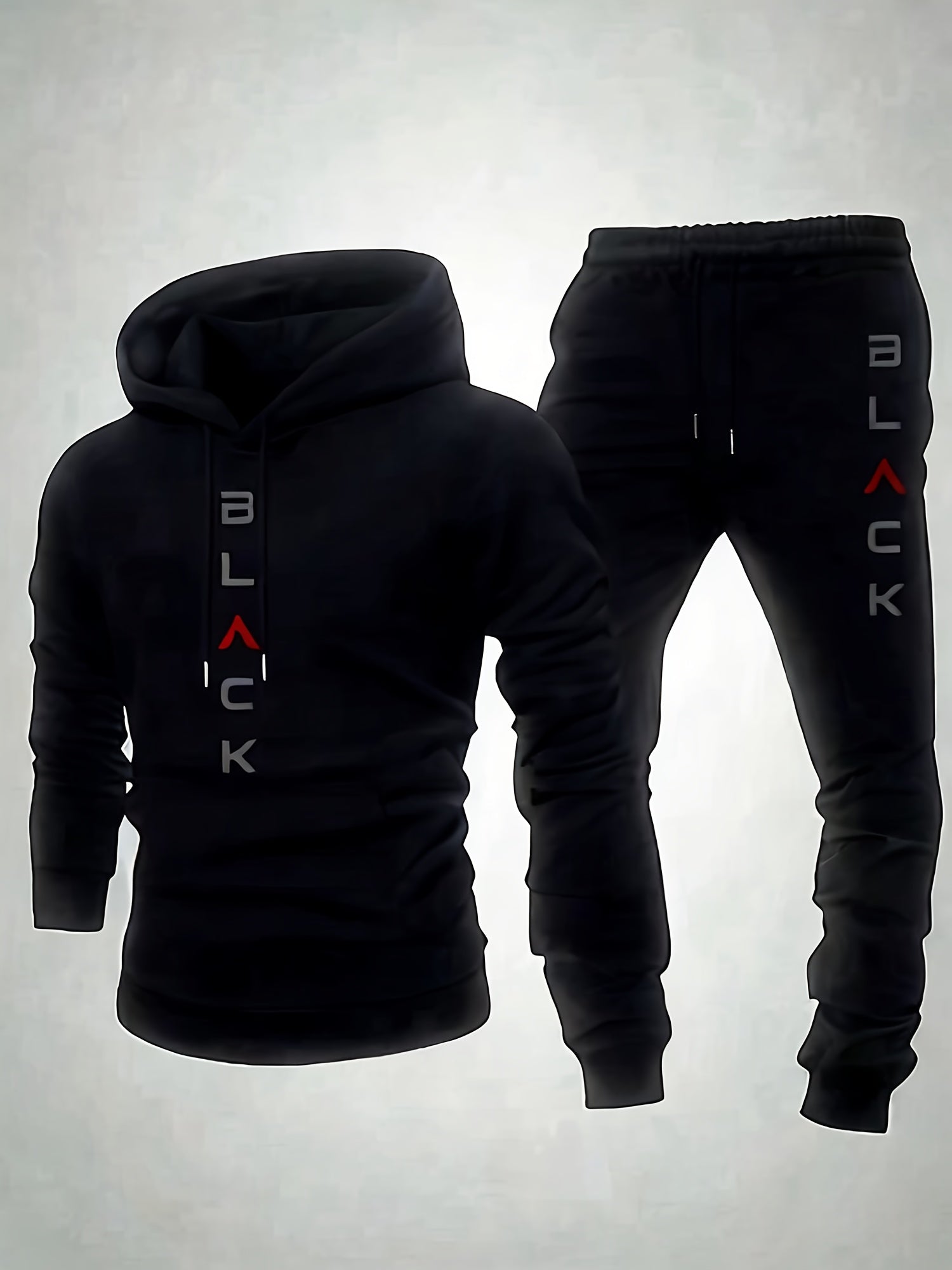 Black Retro Letter Printed Men's Two-piece Casual Round Neck Long Sleeved Hooded Sweatshirt And Sweatpants Set Suitable for Autumn And Winter Sportswear Set|Men's Sports Suit