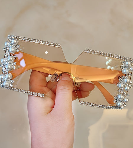 Luxury Rhinestone Glasses With Pearls- Square Frame, Perfect for Party Fashion Decoration