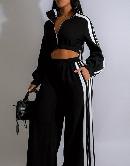 Load image into Gallery viewer, Autumn Striped Long-Sleeved Two-Piece Set - Contrasting Color Zipper Thickened Sweatshirt Casual Commuting Set, Solid Color Striped Side Trim, Elastic Short Top, Comfortable Straight-Leg Pants
