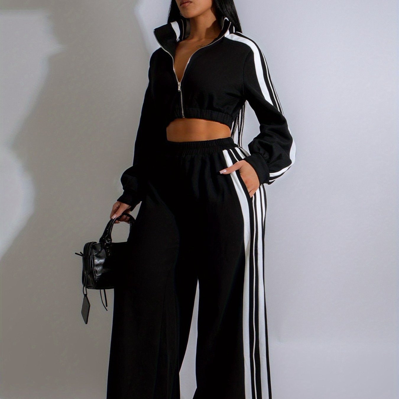 Autumn Striped Long-Sleeved Two-Piece Set - Contrasting Color Zipper Thickened Sweatshirt Casual Commuting Set, Solid Color Striped Side Trim, Elastic Short Top, Comfortable Straight-Leg Pants