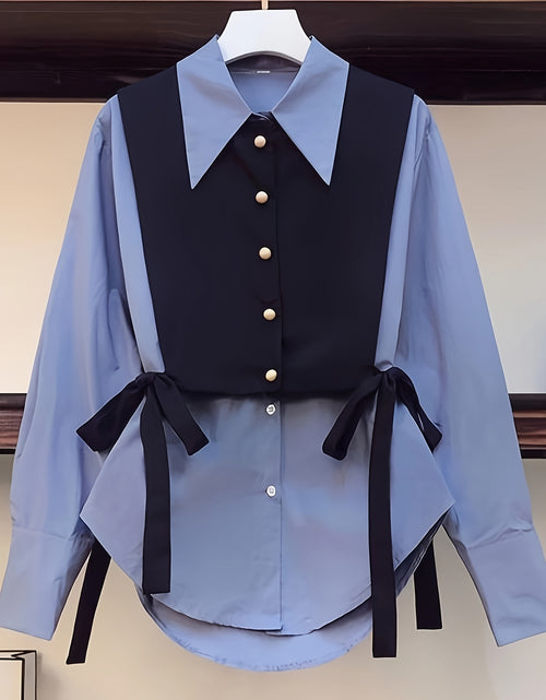 Load image into Gallery viewer, Women  Layered Tie-Front Blouse, Polyester Solid Color Long Sleeve Shirt, Lapel Collar, Double Layer Design
