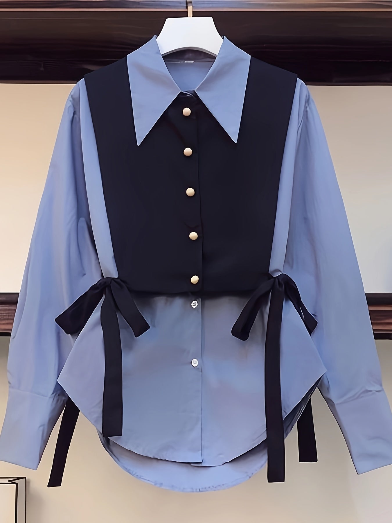 Women  Layered Tie-Front Blouse, Polyester Solid Color Long Sleeve Shirt, Lapel Collar, Double Layer Design