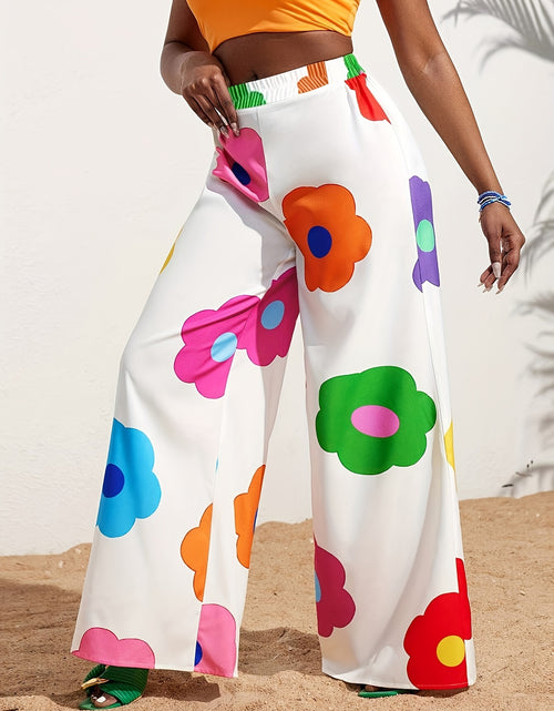 Load image into Gallery viewer, Elegant Floral Print Wide-Leg Pants for Women - High Waist, Non-Stretch, Machine Washable, Comfortable Polyester
