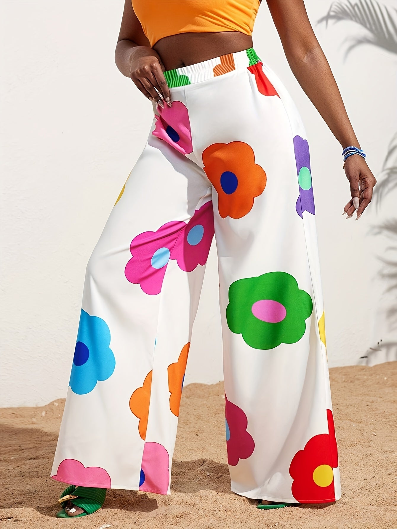 Elegant Floral Print Wide-Leg Pants for Women - High Waist, Non-Stretch, Machine Washable, Comfortable Polyester