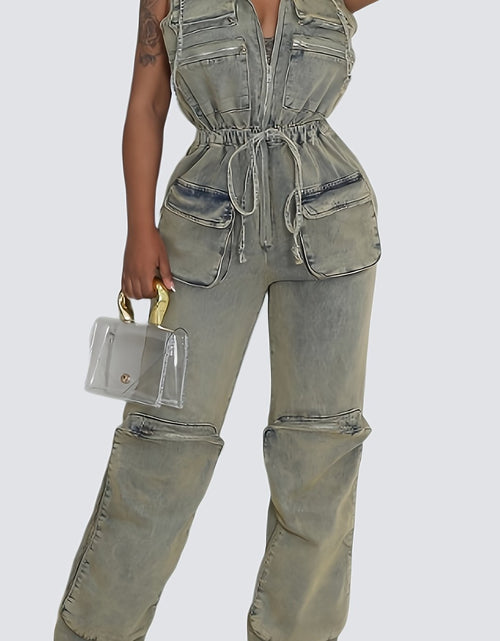 Load image into Gallery viewer, [Vintage Stretch Zipper Romper] Vintage One Pieces Overalls Denim Stretch Women Zipper Pocket Jumpsuit Hoodies Drawstring Waist Streetwear Jean Romper
