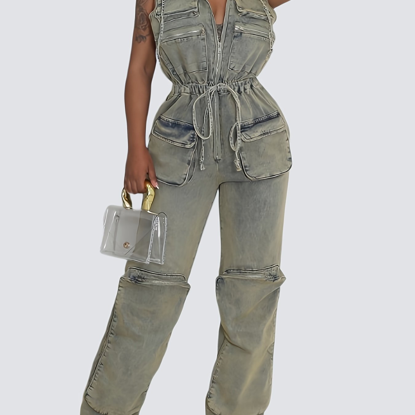 [Vintage Stretch Zipper Romper] Vintage One Pieces Overalls Denim Stretch Women Zipper Pocket Jumpsuit Hoodies Drawstring Waist Streetwear Jean Romper