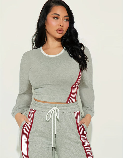 Load image into Gallery viewer, 2pcs Women Casual Long Sleeved Top And Side Striped Style Drawstring Pocket Pants Set For Autumn And Winter
