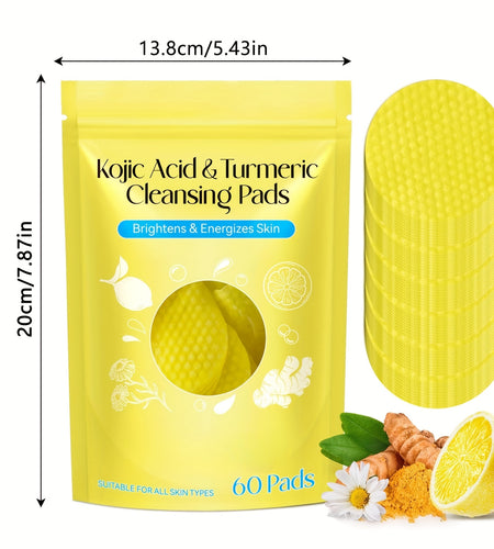 Kojic Acid & Turmeric Cleansing Pads: 60 Pads with Double-Sided Texture for All Light Beige Types - Gentle, Non-Irritating, And Infused with Curcumin, Chamomile, And Turmeric for A Natural Glow